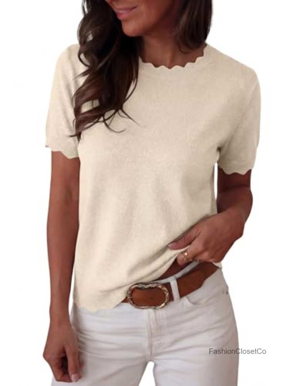 Womens Short Sleeve Sweater Scalloped Loose Business Casual Top